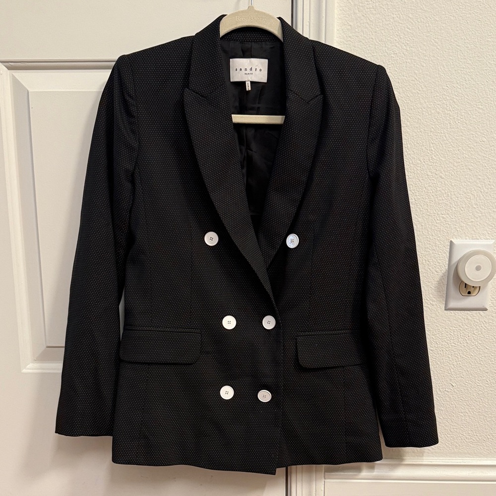 Sandro Black Double-Breasted Blazer with White Buttons